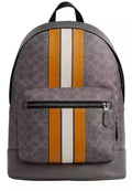 COACH West Backpack Bag In Signature Canvas With Varsity Stripe - Grey/ Ochre/ Chalk