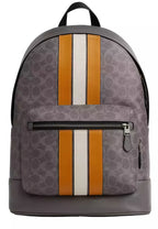 COACH West Backpack Bag In Signature Canvas With Varsity Stripe - Grey/ Ochre/ Chalk