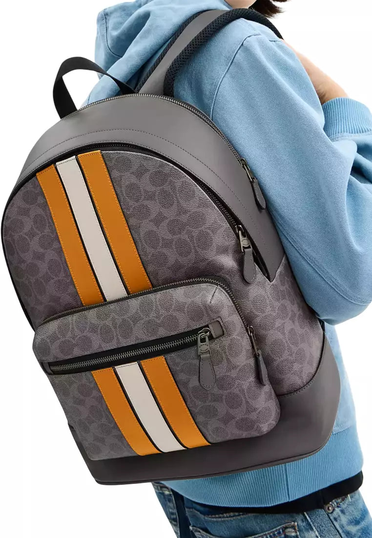 COACH West Backpack Bag In Signature Canvas With Varsity Stripe - Grey/ Ochre/ Chalk