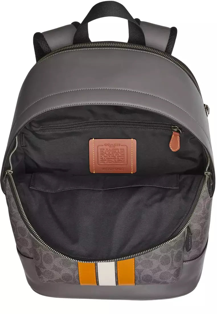 COACH West Backpack Bag In Signature Canvas With Varsity Stripe - Grey/ Ochre/ Chalk