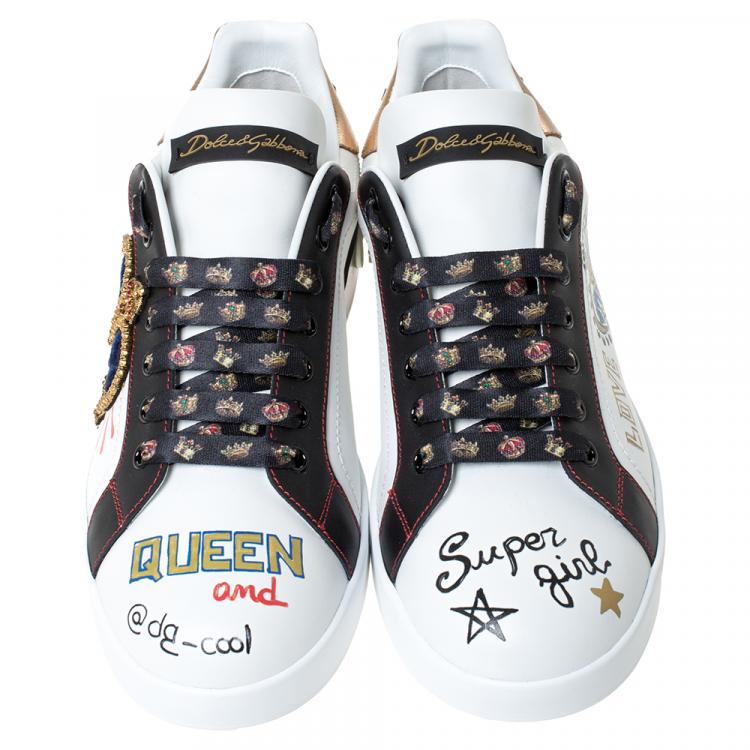 Dolce & Gabbana White Leather Crown Patch Lace Up Sneakers