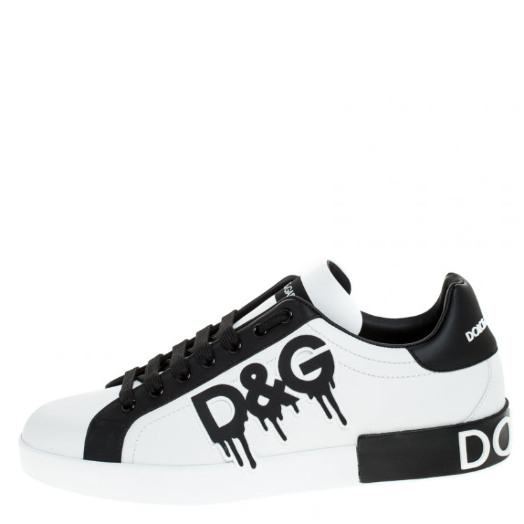 Dolce and Gabbana Black/White Leather Logo Detail Low Top Sneakers