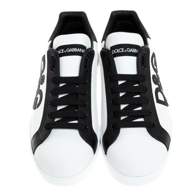 Dolce and Gabbana Black/White Leather Logo Detail Low Top Sneakers