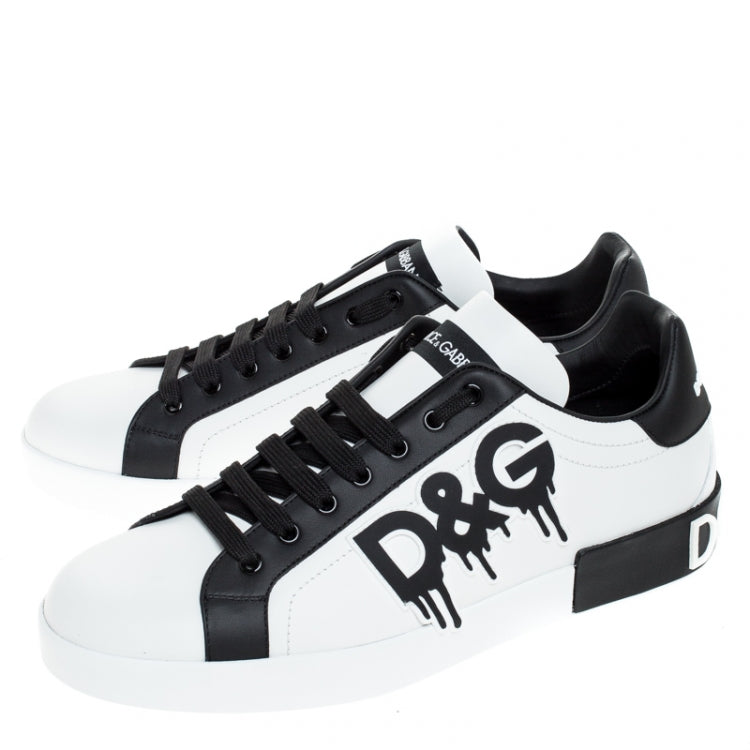 Dolce and Gabbana Black/White Leather Logo Detail Low Top Sneakers